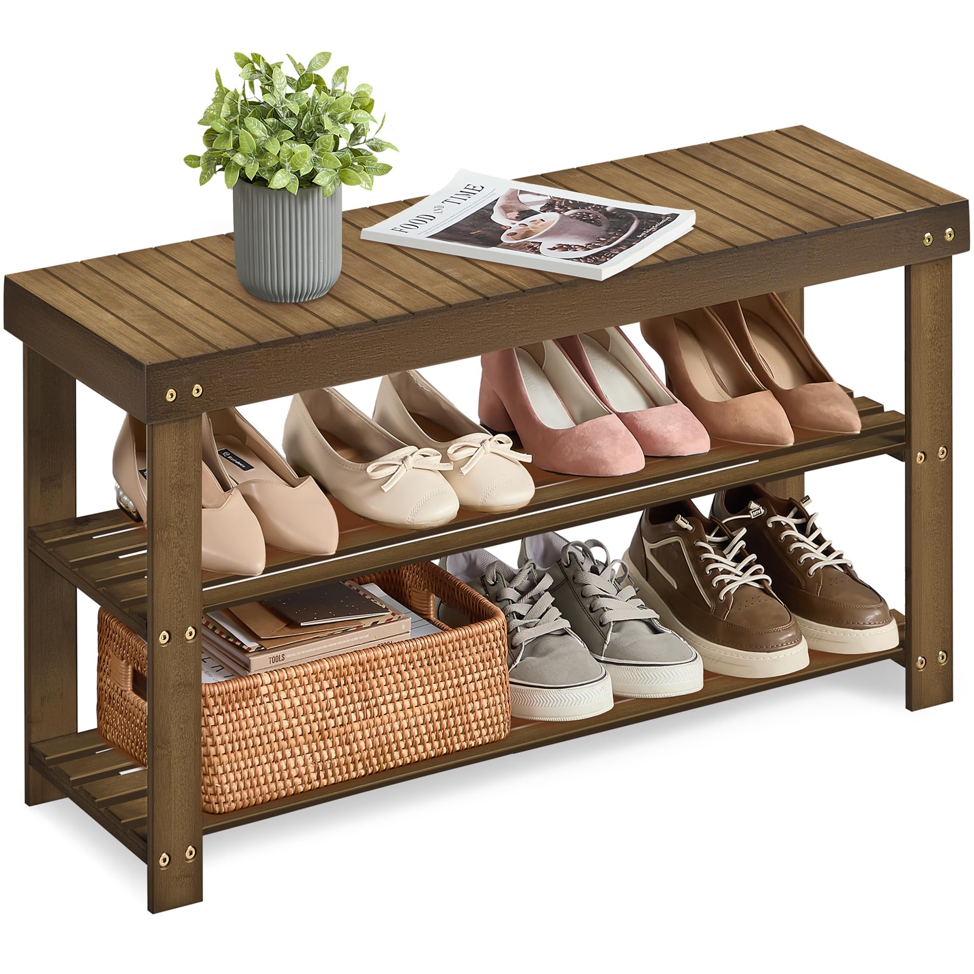 SONGMICS Shoe Rack Bench, 3-Tier Bamboo Shoe Storage Organizer, Entryway Bench, Holds Up to 286 lb, 11.3 x 27.6 x 17.8 Inches, for Entryway Bathroom Bedroom, Brown ULBS04Z