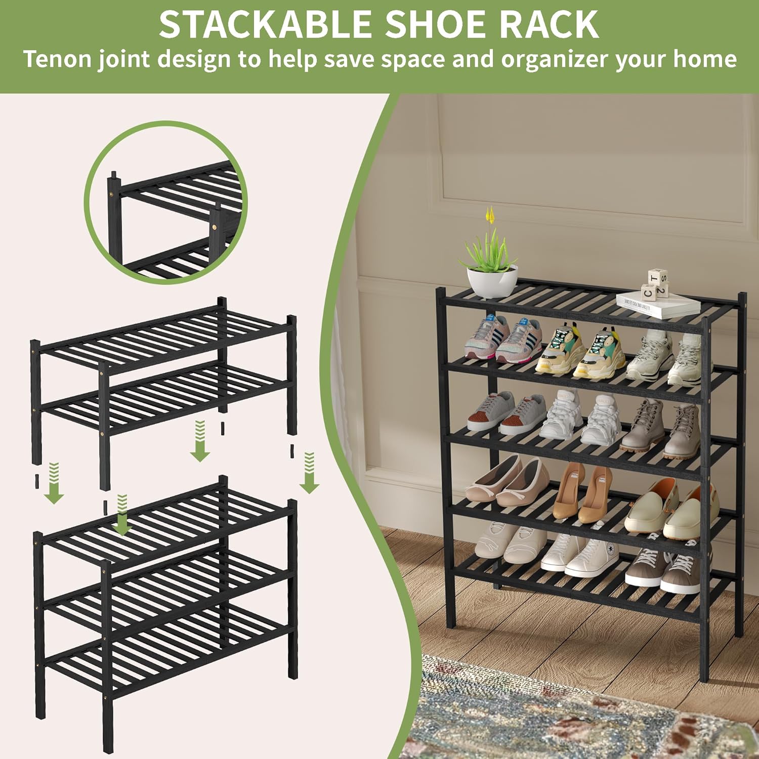 ROMGUAR CRAFT 3 Tier Bamboo Shoe Rack for Closet Free Standing Wood Shoe Shelf Storage Organizer for Entryway Small Space Stackable 27"x11"x20" (Black)