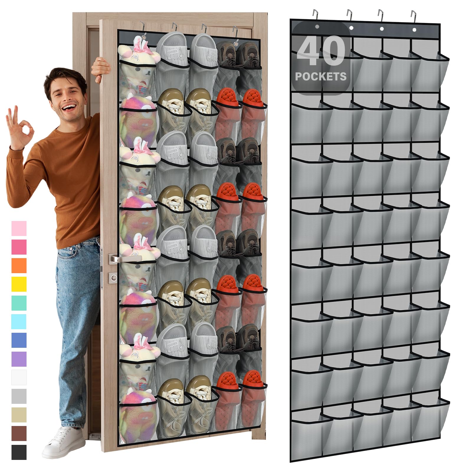 Windyun 40 Over The Door Shoe Organizer, Large Mesh Pocket Hanging Shoe Rack Hanger Large Capacity Gray Behind The Door Storage Holder for Dorm College Closet Entryway Bedroom Utility Room Women Men