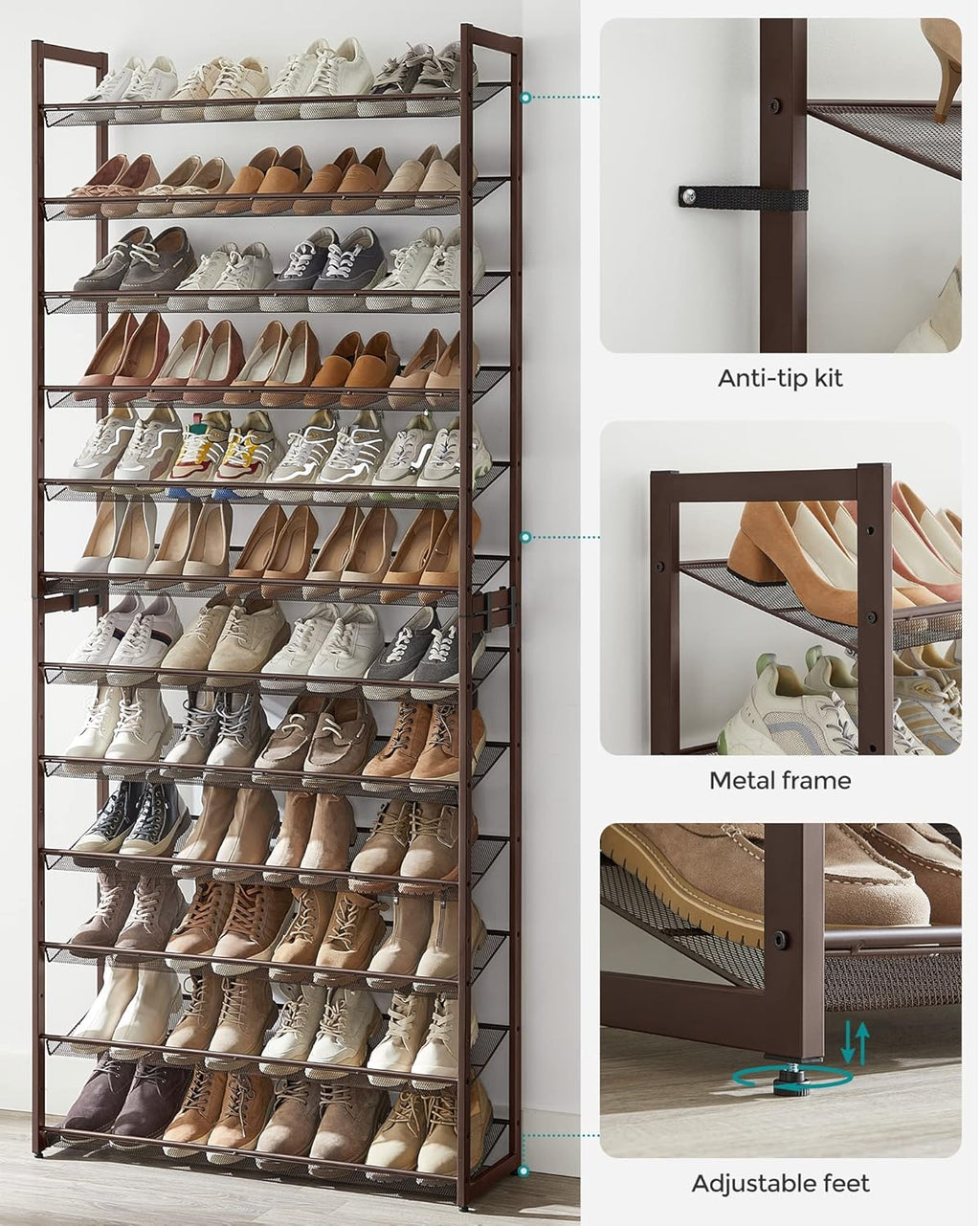 SONGMICS Shoe Rack, 12-Tier Shoe Organizer, Metal Rack for Garage, Set of 2, 6-Tier Stackable Shelf, with Adjustable Flat or Angled Shelves, Holds 48-60 Pairs, Bronze ULMR12A