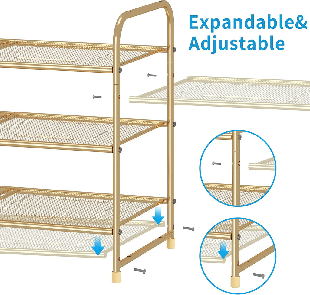 Simple Trending 3-Tier Stackable Shoe Rack, Expandable & Adjustable Shoe Shelf Storage Organizer, Metal Mesh, Gold