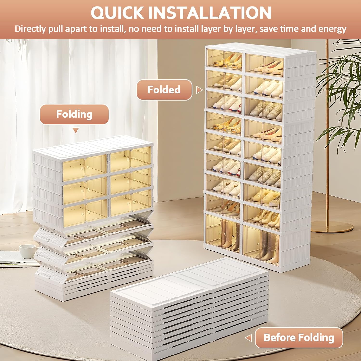 SYNCVIBE Collapsible Shoe Rack Organizer 9 Tiers-36 Pairs Foldable Shoe Cabinet with Doors, Large Plastic Folding Shoe Cabinet, Easy Assembly Shoe Shelves Organizer for Entryway, Living Room