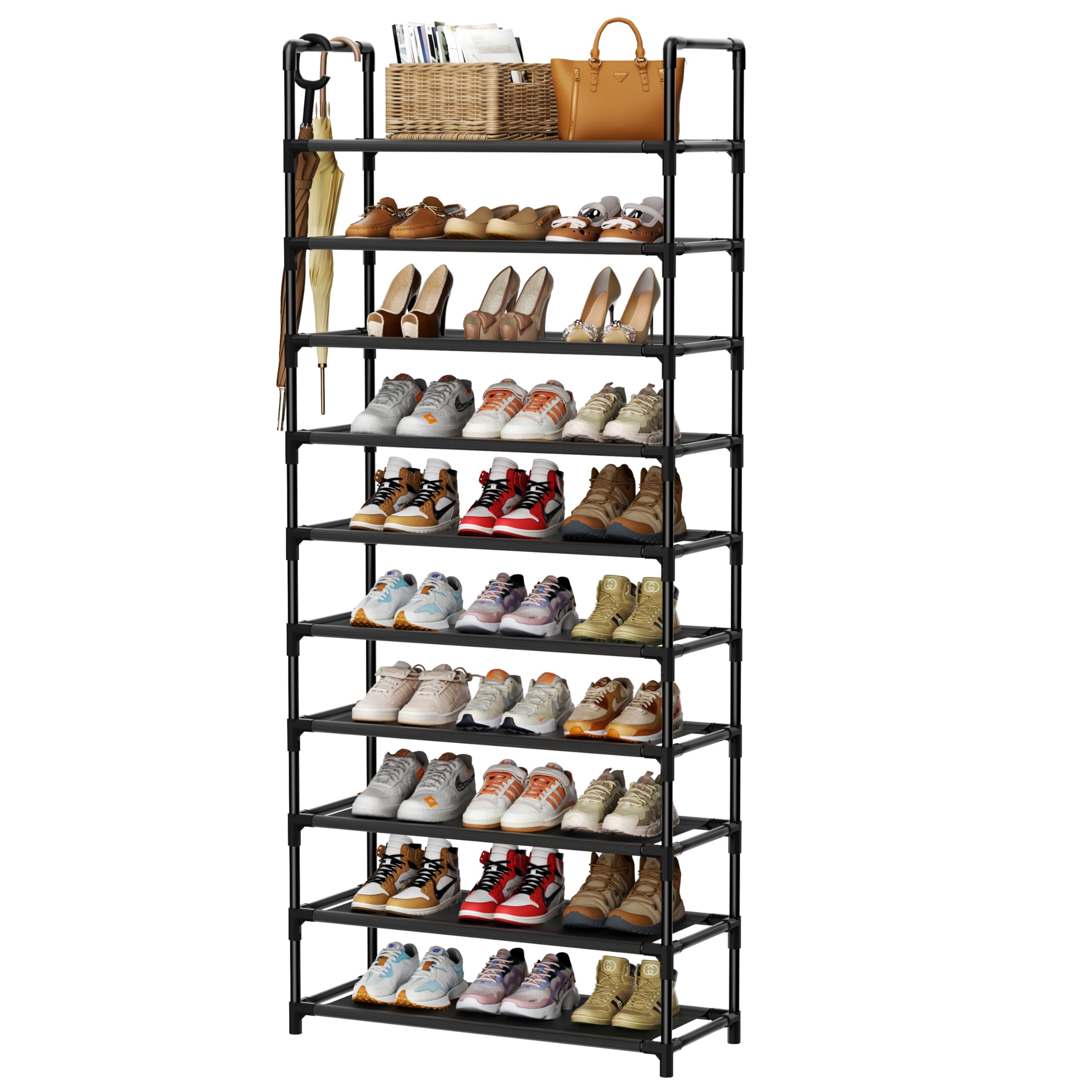 Shoe Rack, 10 Tier Shoe Storage Organizer with Hooks,Fit 40-45 Pairs Shoes,Metal Tall Shoe Shelf for Closet,Entryway, Hallway,Garage,Bedroom,Cloakroom