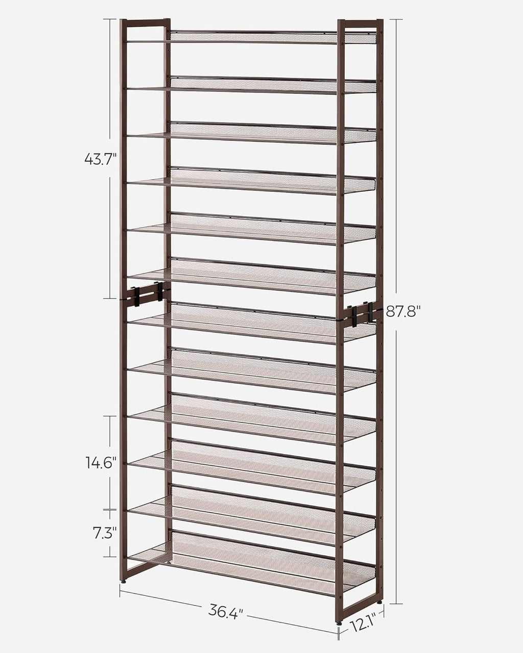 SONGMICS Shoe Rack, 12-Tier Shoe Organizer, Metal Rack for Garage, Set of 2, 6-Tier Stackable Shelf, with Adjustable Flat or Angled Shelves, Holds 48-60 Pairs, Bronze ULMR12A