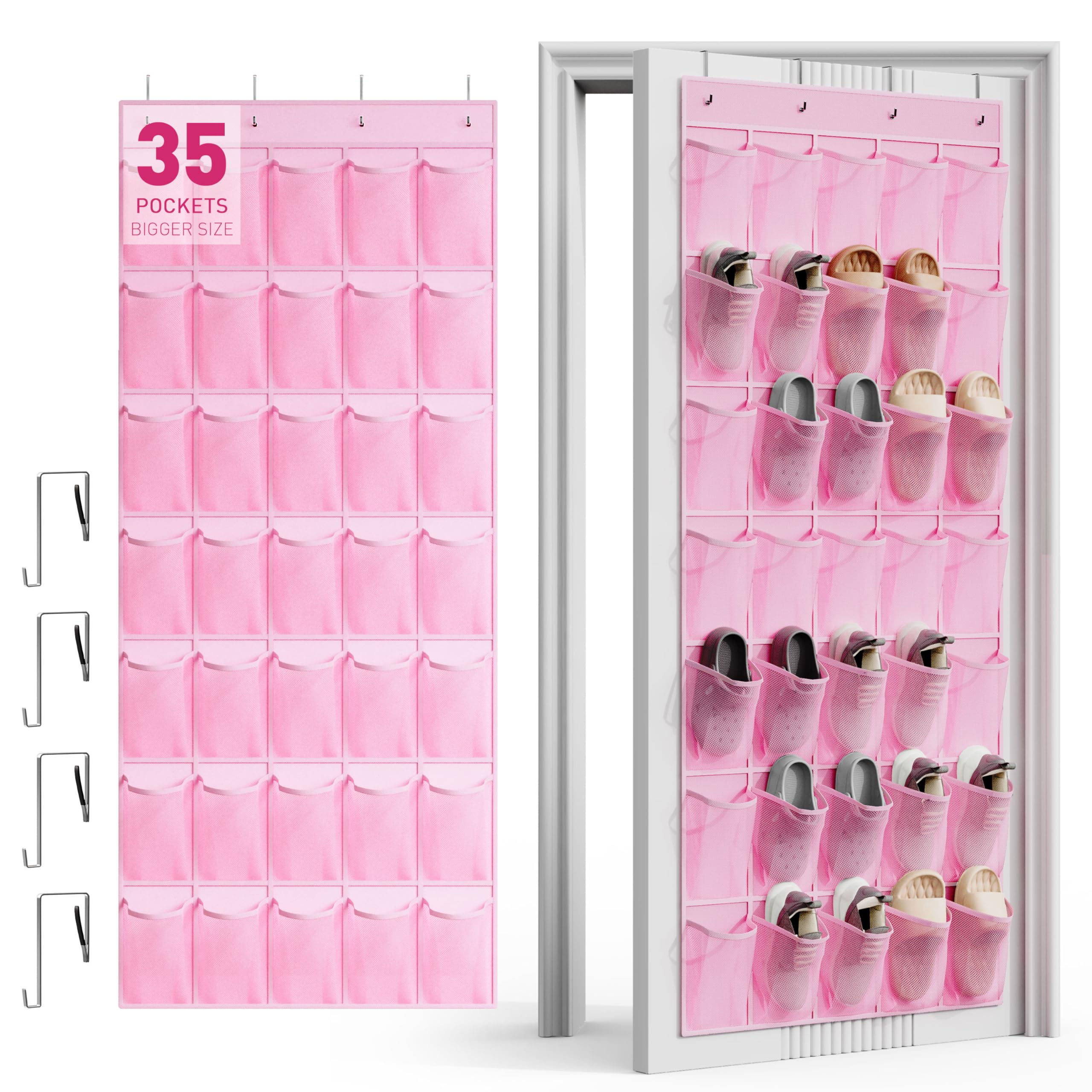 WVM Over the Door Shoe Organizer with 35 Breathable Mesh Pockets, Hanging Shoe Organizer for Door with 4 Metal Hooks, Large Capacity Closet Storage for Shoes, Accessories, Grey