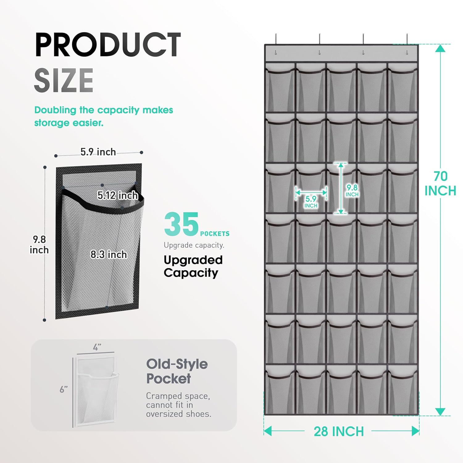 WVM Over the Door Shoe Organizer with 35 Breathable Mesh Pockets, Hanging Shoe Organizer for Door with 4 Metal Hooks, Large Capacity Closet Storage for Shoes, Accessories, Grey