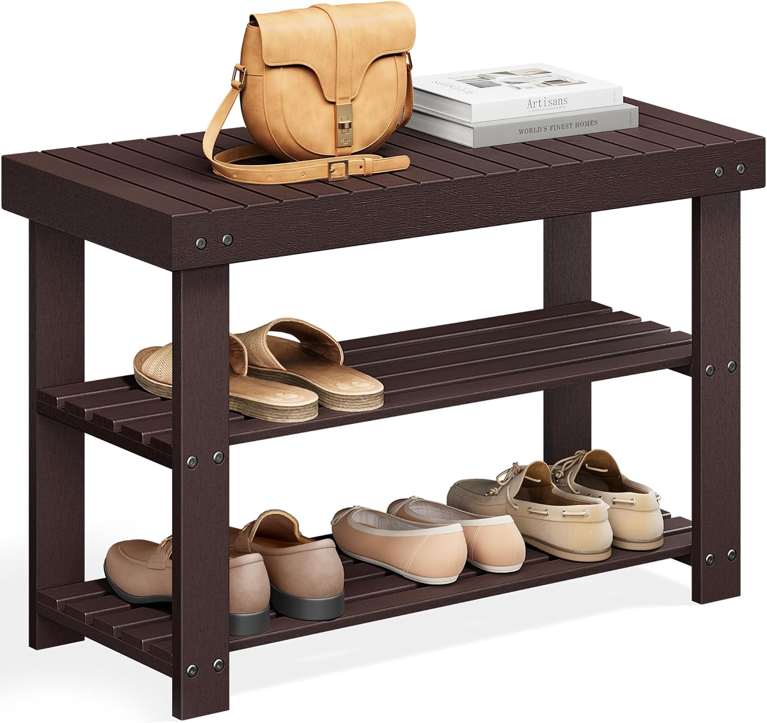 SONGMICS Shoe Rack Bench, 3-Tier Bamboo Shoe Storage Organizer, Entryway Bench, Holds Up to 286 lb, 11.3 x 27.6 x 17.8 Inches, for Entryway Bathroom Bedroom, Brown ULBS04Z