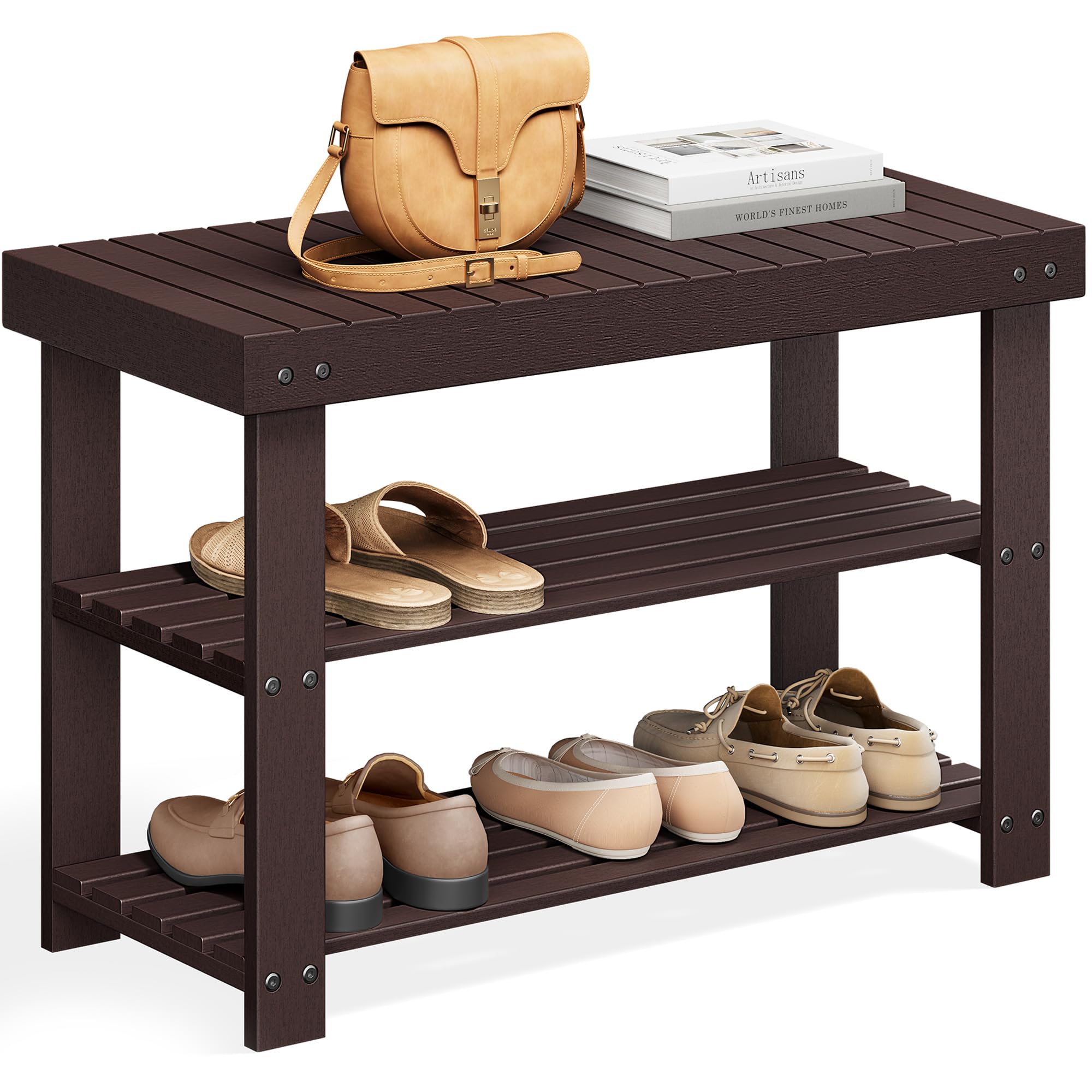 SONGMICS Shoe Rack Bench, 3-Tier Bamboo Shoe Storage Organizer, Entryway Bench, Holds Up to 286 lb, 11.3 x 27.6 x 17.8 Inches, for Entryway Bathroom Bedroom, Brown ULBS04Z