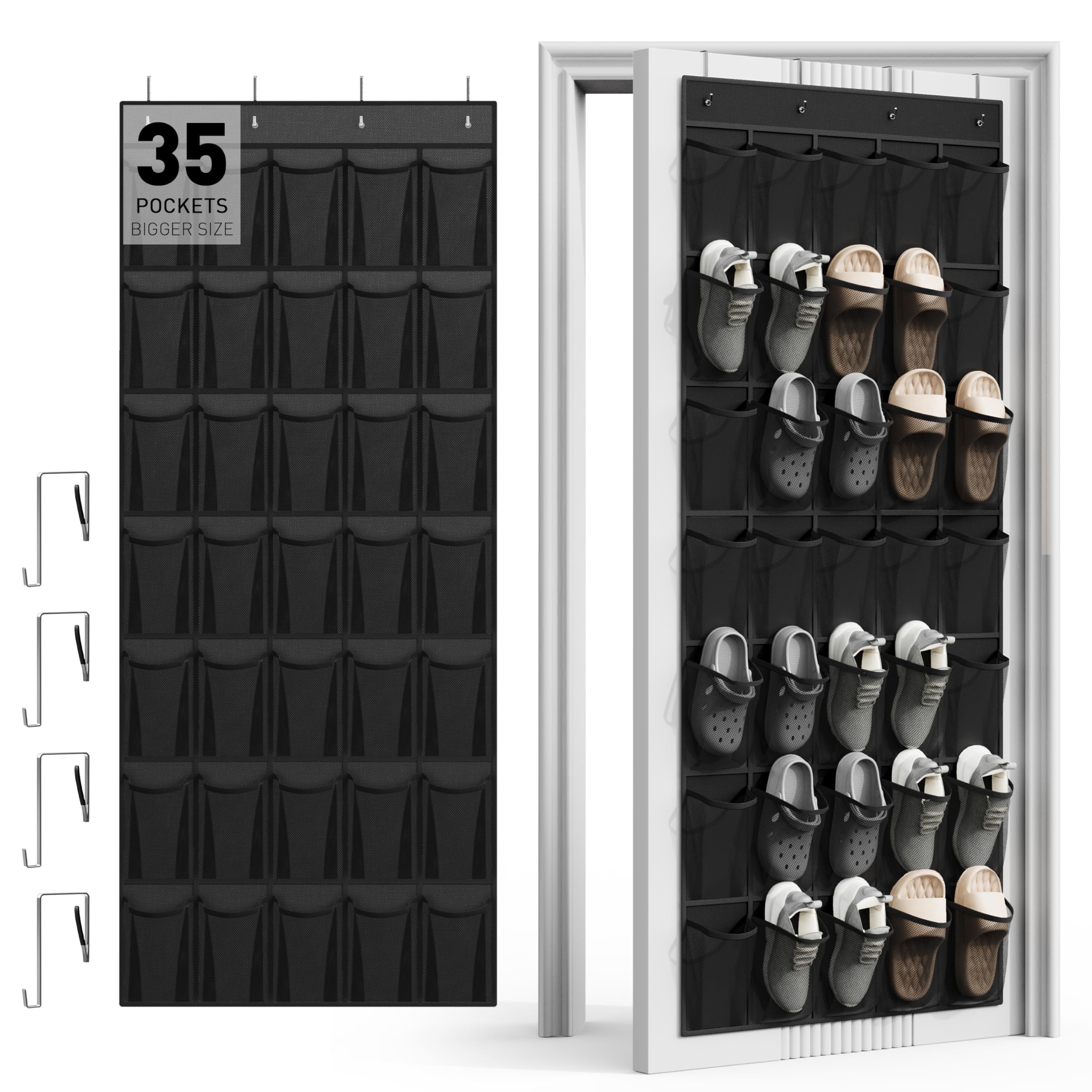 WVM Over the Door Shoe Organizer with 35 Breathable Mesh Pockets, Hanging Shoe Organizer for Door with 4 Metal Hooks, Large Capacity Closet Storage for Shoes, Accessories, Grey