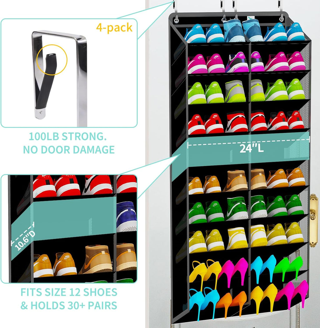 Heavy-Duty, over the door shoe organizer, Extra-Wide Large, shoe organizer, Holds 30 Pairs & Supports 100lbs, shoe rack, with Reinforced Grommets & Bamboo Rods, Fits Men's Size 12 & Boots, Black