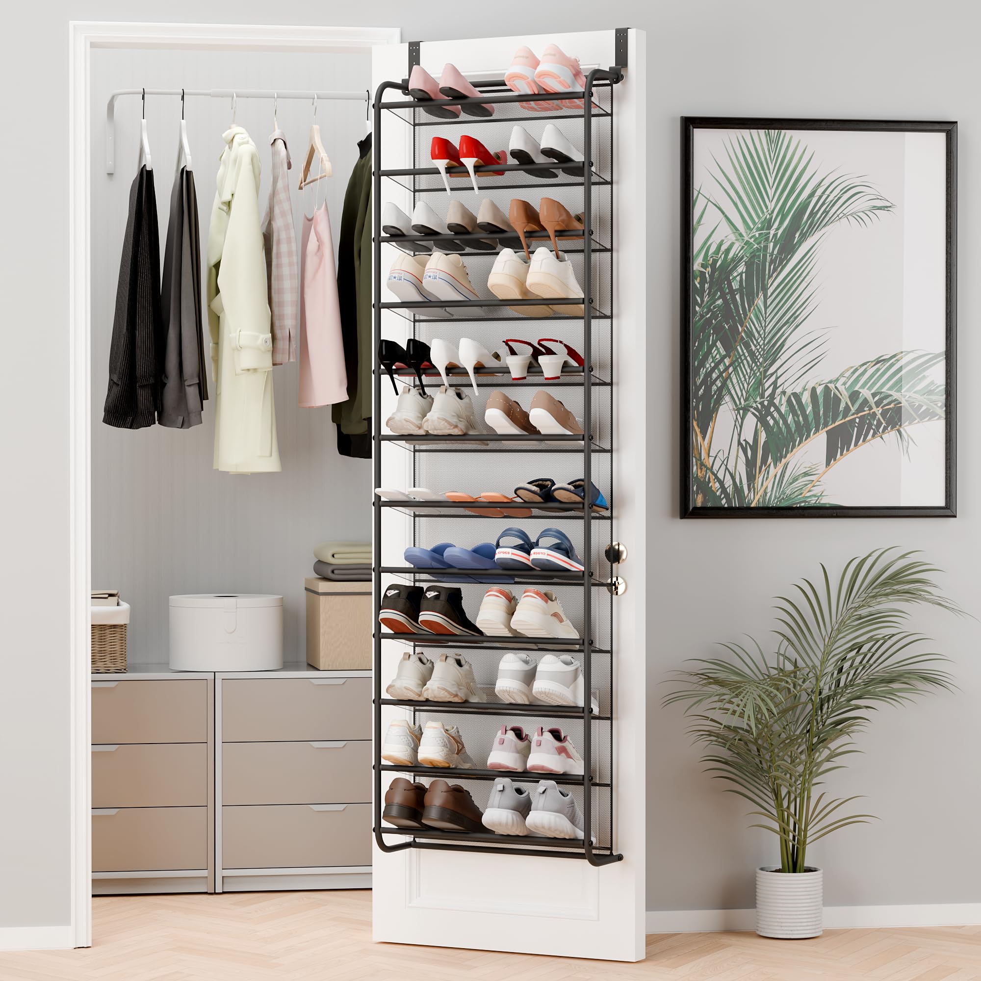 Whitmor 36 Pair Over The Door Shoe Organizer, 12 Tier Hanging Shoe Organizer, Heavy Duty Metal & Mesh Shoe Holder, Hanging Shoe Rack for Closet Organizer & Storage, 69"L x 21.7"W x 7.5"H, Mocha