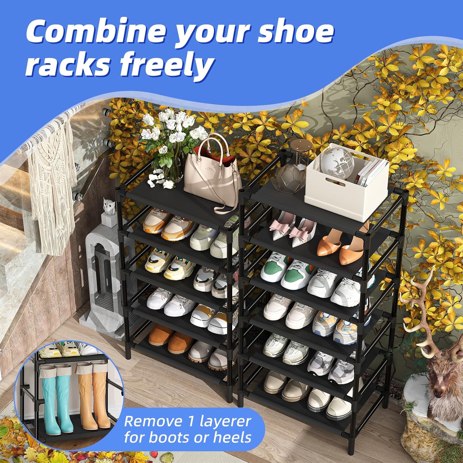 Simple Trending Narrow Shoe Rack with Cover, 10 Tier Shoe Organizer Storage, Tall Free Standing Shoe Cabinet Holds 20 Pairs for Closet, Black