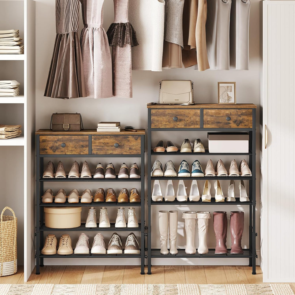 YATINEY 5 Tier Shoe Rack with Adjustable Height (37.4”-44.5”), Shoe Storage Shelf with 2 Non-Woven Drawers, Wooden Shoe Organizer for Entryway, Cloakroom, Rustic Brown and Black SS11BR