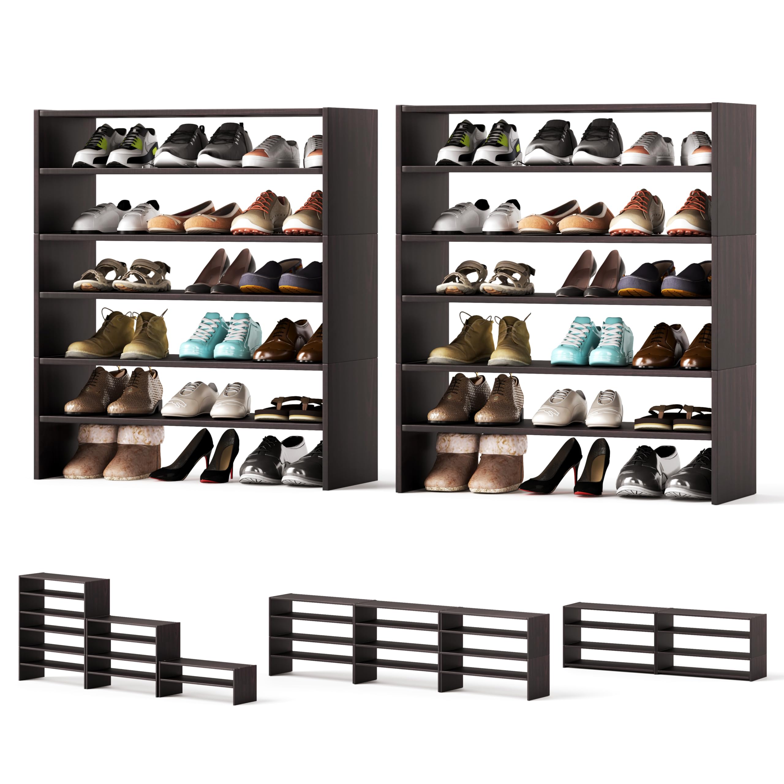 Tangkula 6-Tier Stackble Shoe Rack for Closet, Space Saving Wooden Corner Shoe Storage Shelf for 18 Pairs, 3-in-1 Adjustable White Shoe Organizer for Front Door Entryway