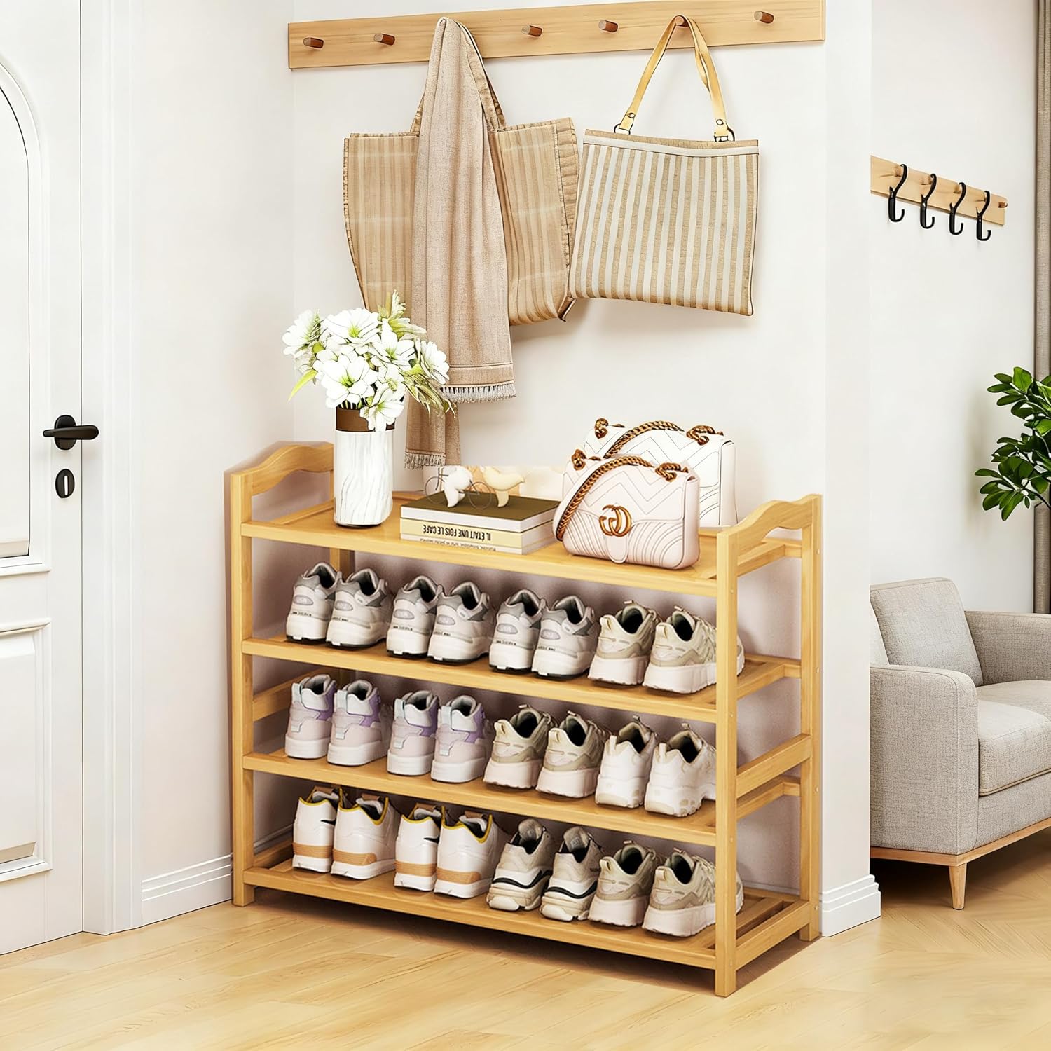 4-Tier Shoe Rack Bamboo Shoe Organizer Free Standing Shoe Storage for Entryway, Closet, Hallway, Bathroom and Living Room, Natural