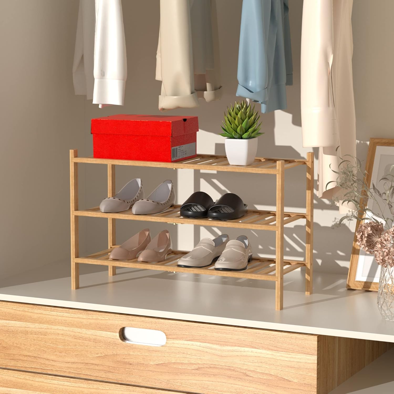 RONGJlA 3 Tier Bamboo Shoe Rack for Closet Free Standing Wood Shoe Shelf Storage Organizer for Entryway Small Space Stackable, Natural