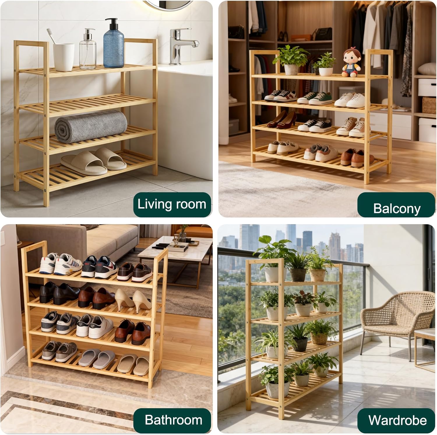 4 Tier Bamboo Wooden Shoe Rack for Closet & Entryway, Free Standing Shoe Rack Stand Organizer Shelf for Garage, Bedroom, Small Space Storage, Stackable