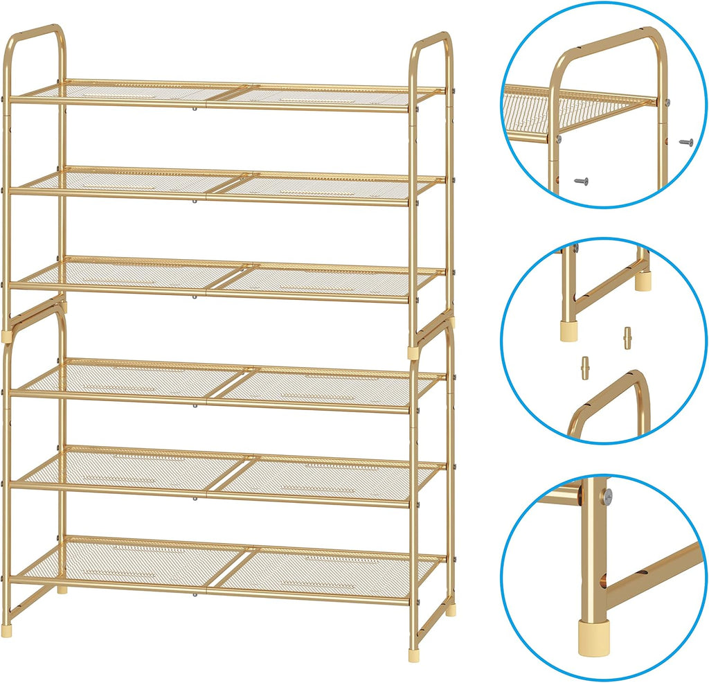 Simple Trending 3-Tier Stackable Shoe Rack, Expandable & Adjustable Shoe Shelf Storage Organizer, Metal Mesh, Gold