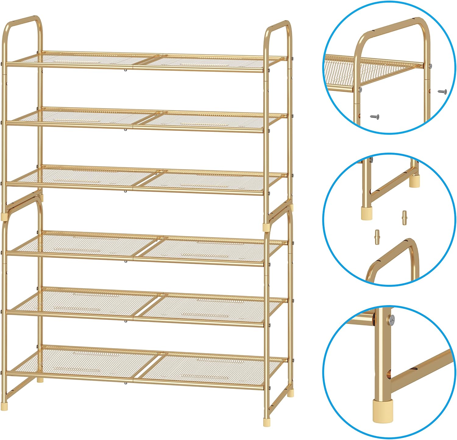 Simple Trending 3-Tier Stackable Shoe Rack, Expandable & Adjustable Shoe Shelf Storage Organizer, Metal Mesh, Gold