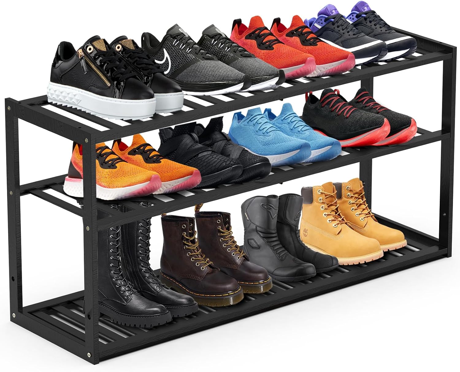 Jripae Bamboo Shoe Rack for Closet, Stackable 3 Tier Longer Shoe Organizer Shelf Holder Storage 12-15 Pairs for Entryway Door Hallway Bedroom Garage Space Saving Foldable Black