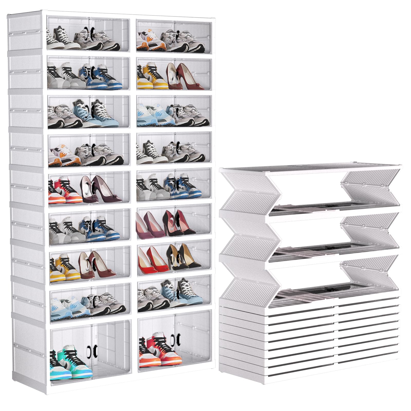 FAHKNS Shoe Storage Box, 9 Tiers Easy Assembly Foldable Plastic Shoe Rack with Clear Door, Stackable Shoe Storage Bins Shoe Organizer for Entryway Closet