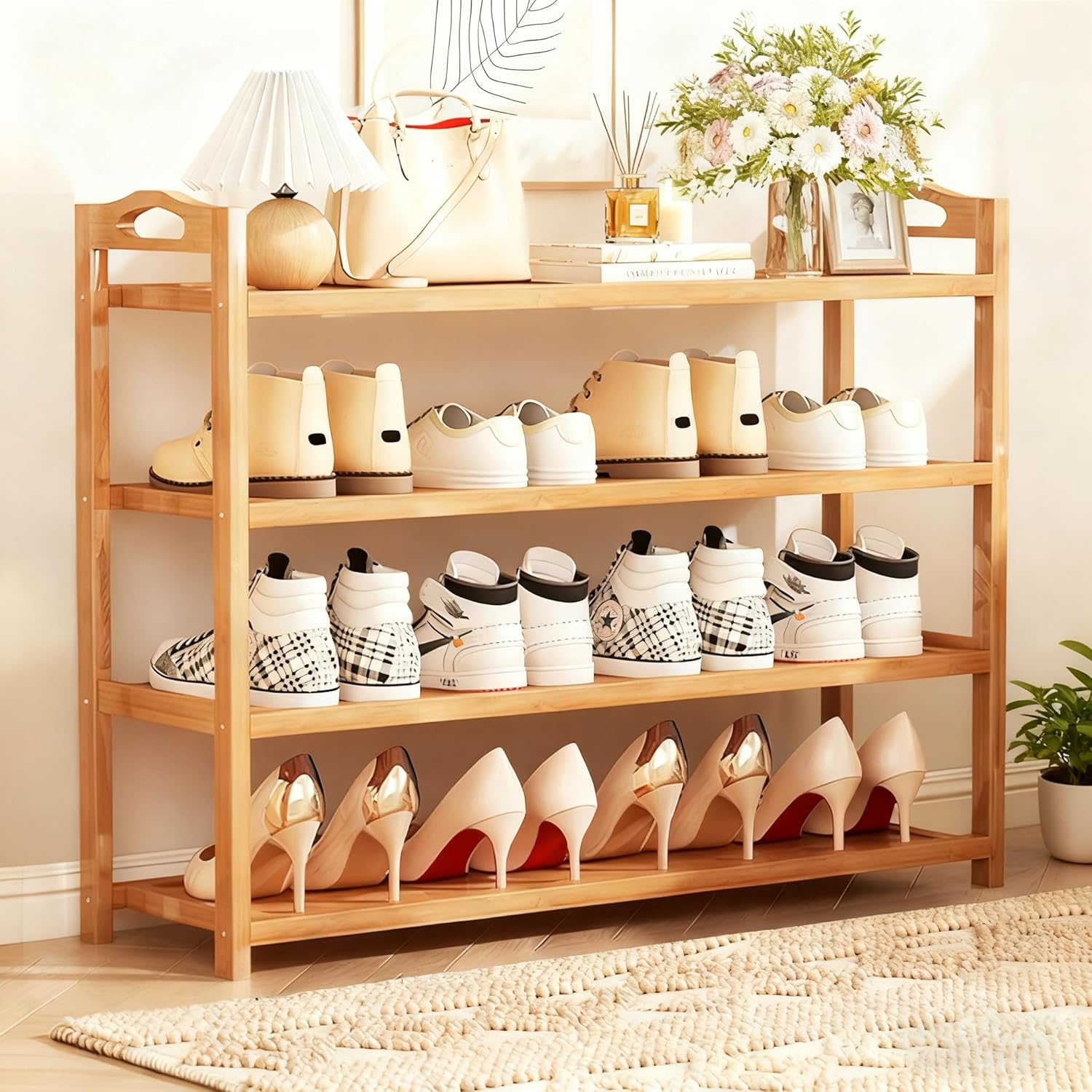 4-Tier Shoe Rack Bamboo Shoe Organizer Free Standing Shoe Storage for Entryway, Closet, Hallway, Bathroom and Living Room, Natural