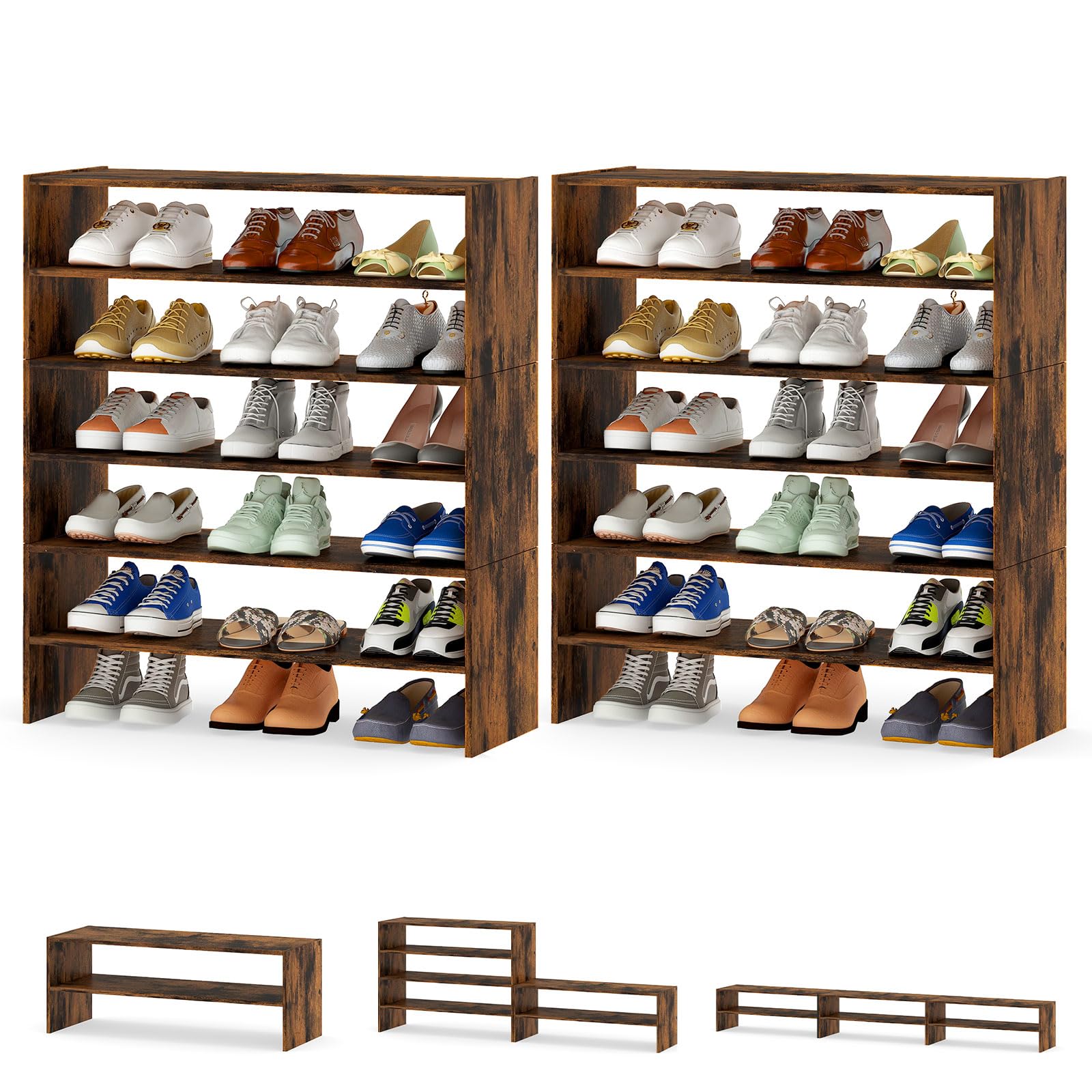 Tangkula 6-Tier Stackble Shoe Rack for Closet, Space Saving Wooden Corner Shoe Storage Shelf for 18 Pairs, 3-in-1 Adjustable White Shoe Organizer for Front Door Entryway