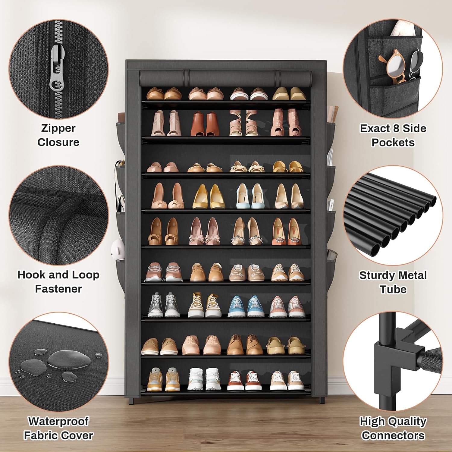 Shoe Rack with Cover, 10 Tier Shoe Organizer Storage for 40-50 Pairs Sneaker and Boots, Large Capacity, with 8 Pockets, Free Standing Tall Shoe Rack for Front Door Entrance, Closet