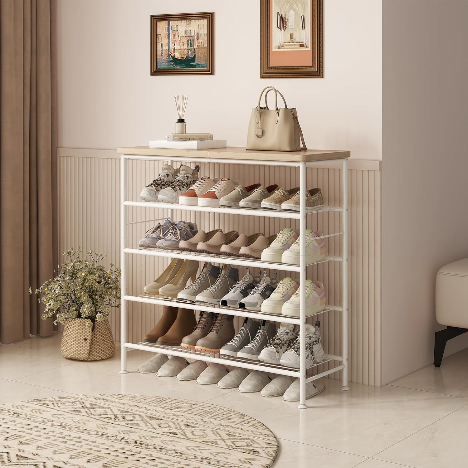 SUOERNUO Shoe Rack Organizer 5 Tier for Closet Entryway Free Standing Metal Storage Shoe Shelf with MDF Top Board，White+Oak