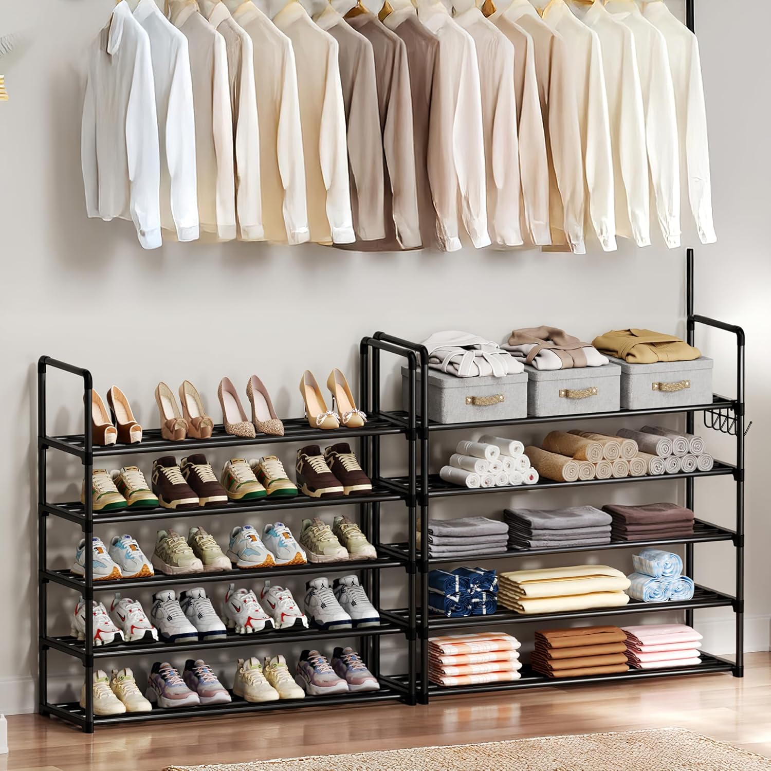Shoe Rack, 10 Tier Shoe Storage Organizer with Hooks,Fit 40-45 Pairs Shoes,Metal Tall Shoe Shelf for Closet,Entryway, Hallway,Garage,Bedroom,Cloakroom