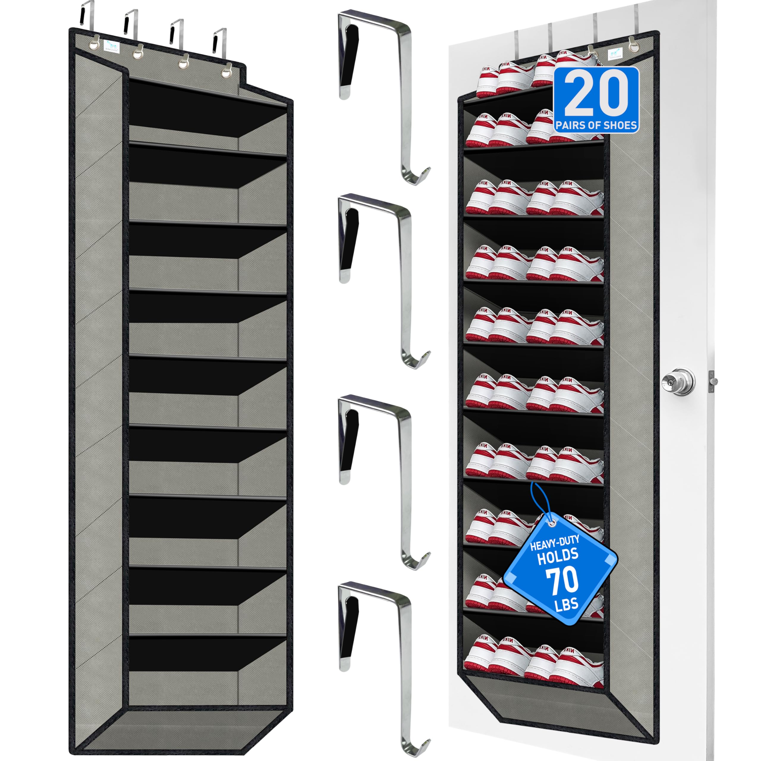 Heavy-Duty, over the door shoe organizer, Extra-Wide Large, shoe organizer, Holds 30 Pairs & Supports 100lbs, shoe rack, with Reinforced Grommets & Bamboo Rods, Fits Men's Size 12 & Boots, Black
