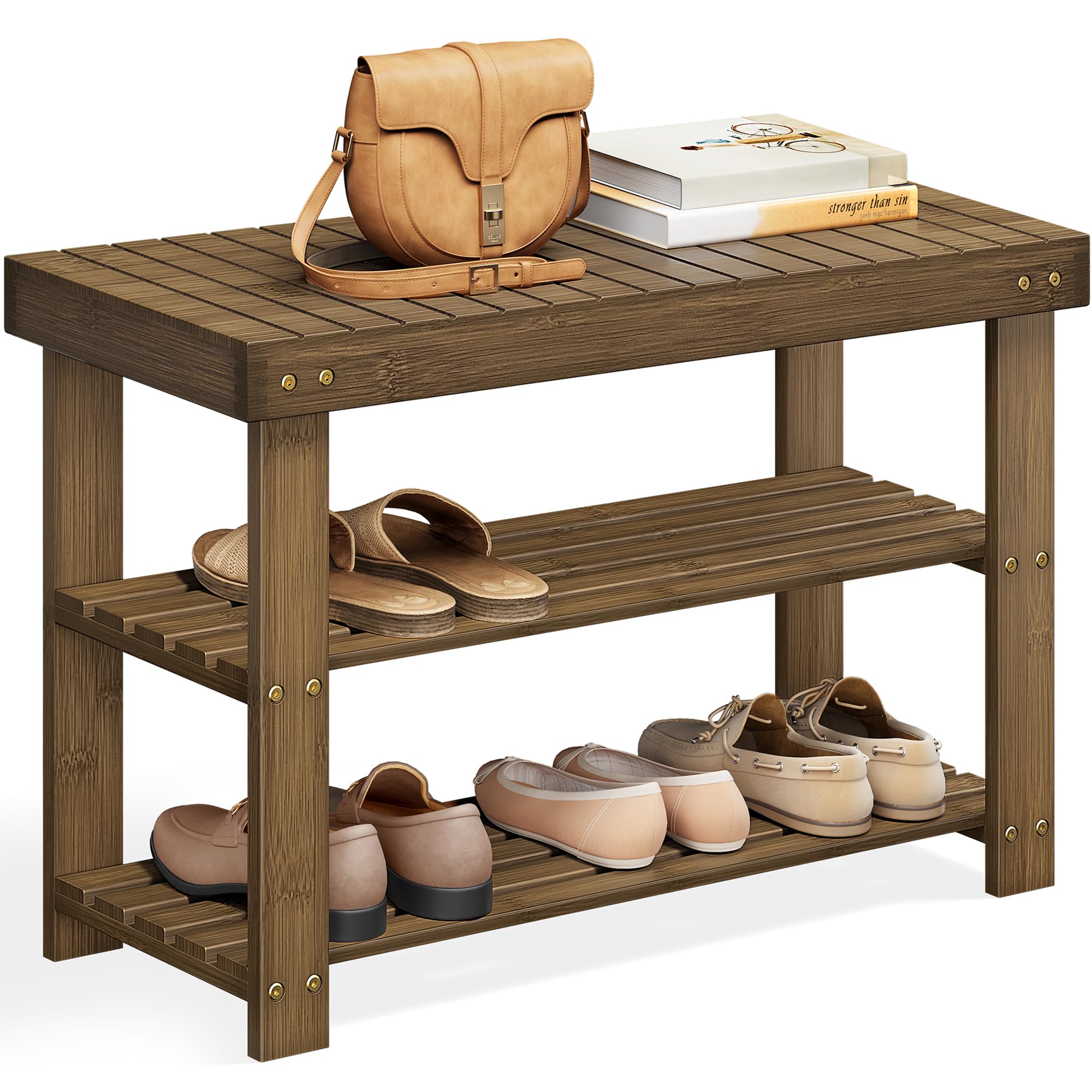SONGMICS Shoe Rack Bench, 3-Tier Bamboo Shoe Storage Organizer, Entryway Bench, Holds Up to 286 lb, 11.3 x 27.6 x 17.8 Inches, for Entryway Bathroom Bedroom, Brown ULBS04Z