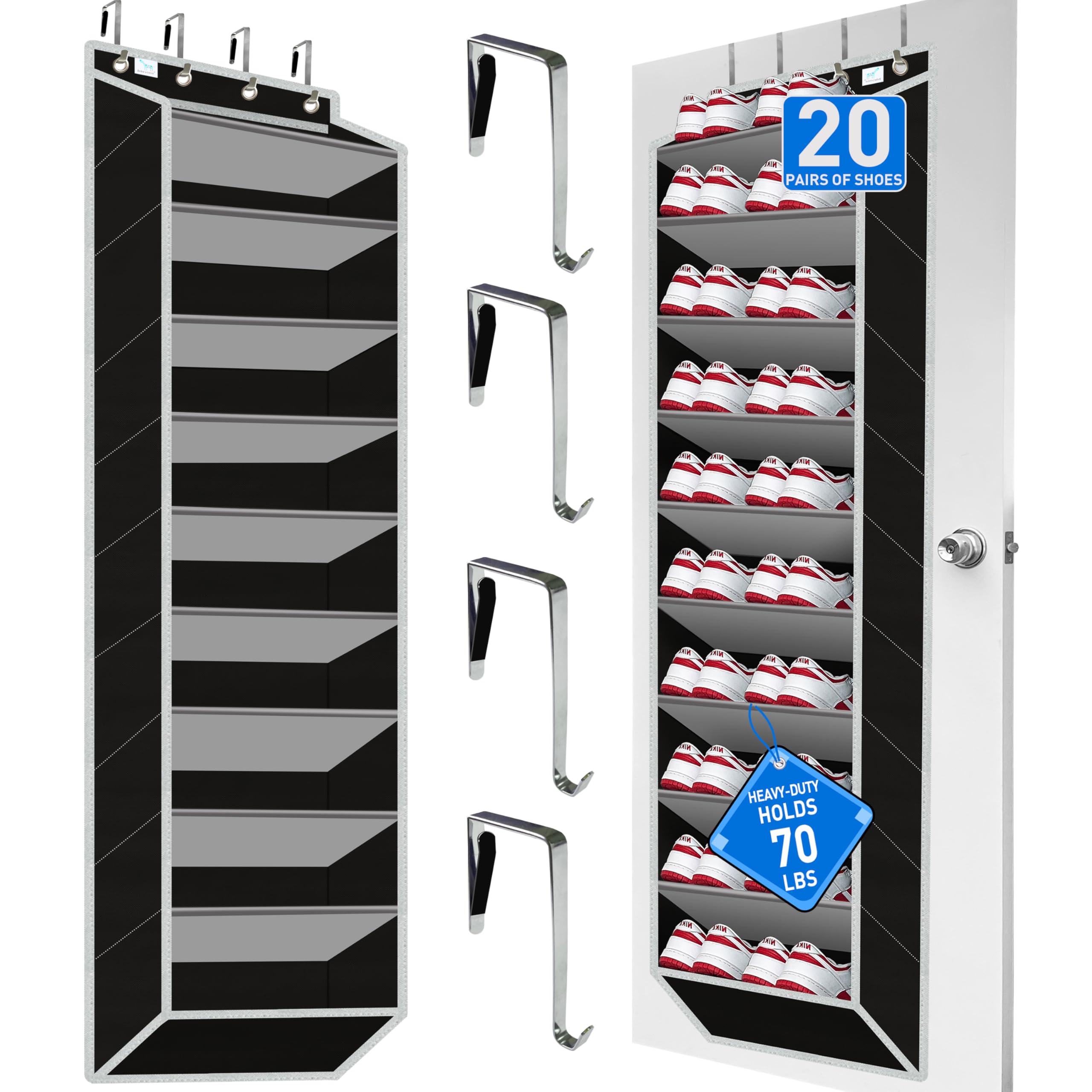 Heavy-Duty, over the door shoe organizer, Extra-Wide Large, shoe organizer, Holds 30 Pairs & Supports 100lbs, shoe rack, with Reinforced Grommets & Bamboo Rods, Fits Men's Size 12 & Boots, Black