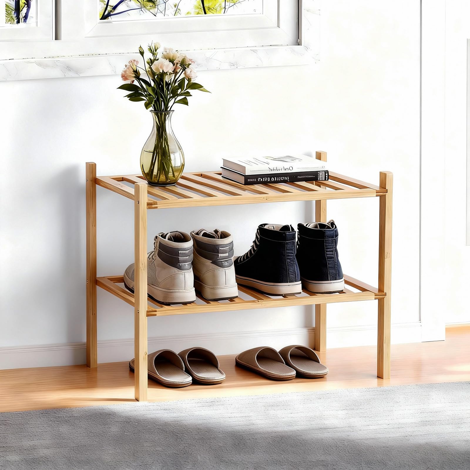 Small Shoe Rack, Multipurpose 3 Tier Shoe Organizers Rack，Small Bamboo Shelfs for Shoes, Plants, Books, Living Room, Hallway Bedroom, Bathroom (3 Tier)