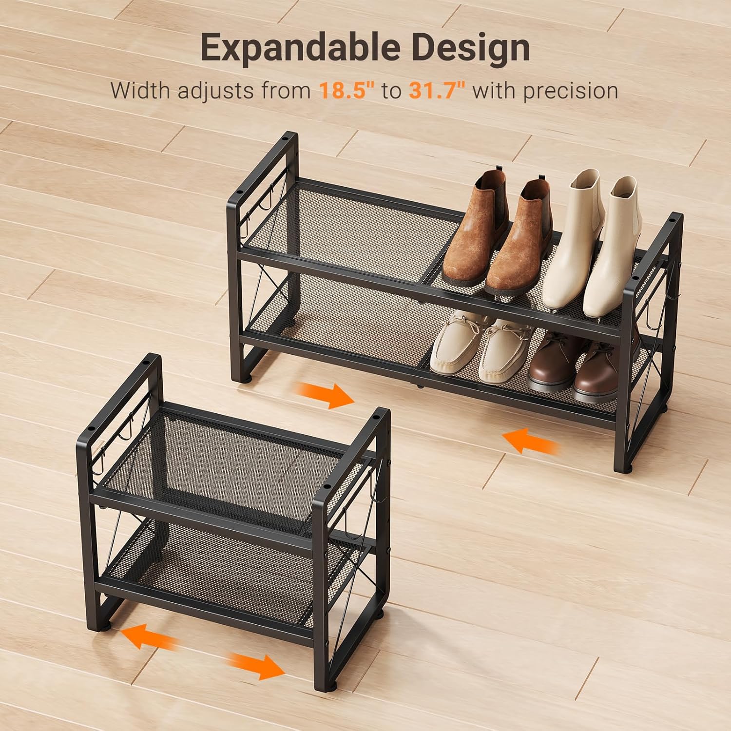 ELYKEN Shoe Rack, 2-Tier Expandable Shoe Organizer for Entryway, Metal Black Shoe Shelf with 4 Hooks, Ajustable Shoe Stand Holder for Closet, Garage, Door Entrance