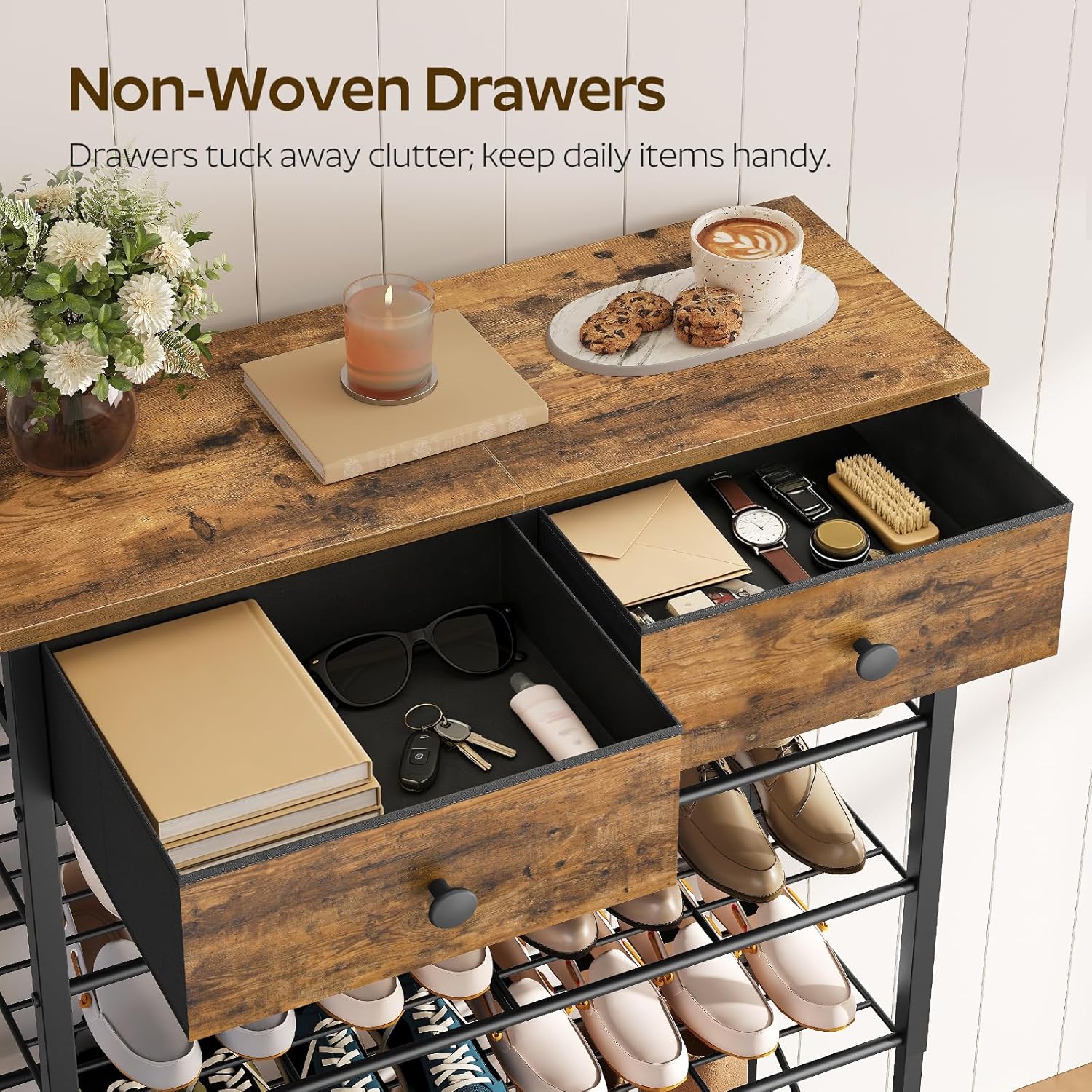 YATINEY 5 Tier Shoe Rack with Adjustable Height (37.4”-44.5”), Shoe Storage Shelf with 2 Non-Woven Drawers, Wooden Shoe Organizer for Entryway, Cloakroom, Rustic Brown and Black SS11BR