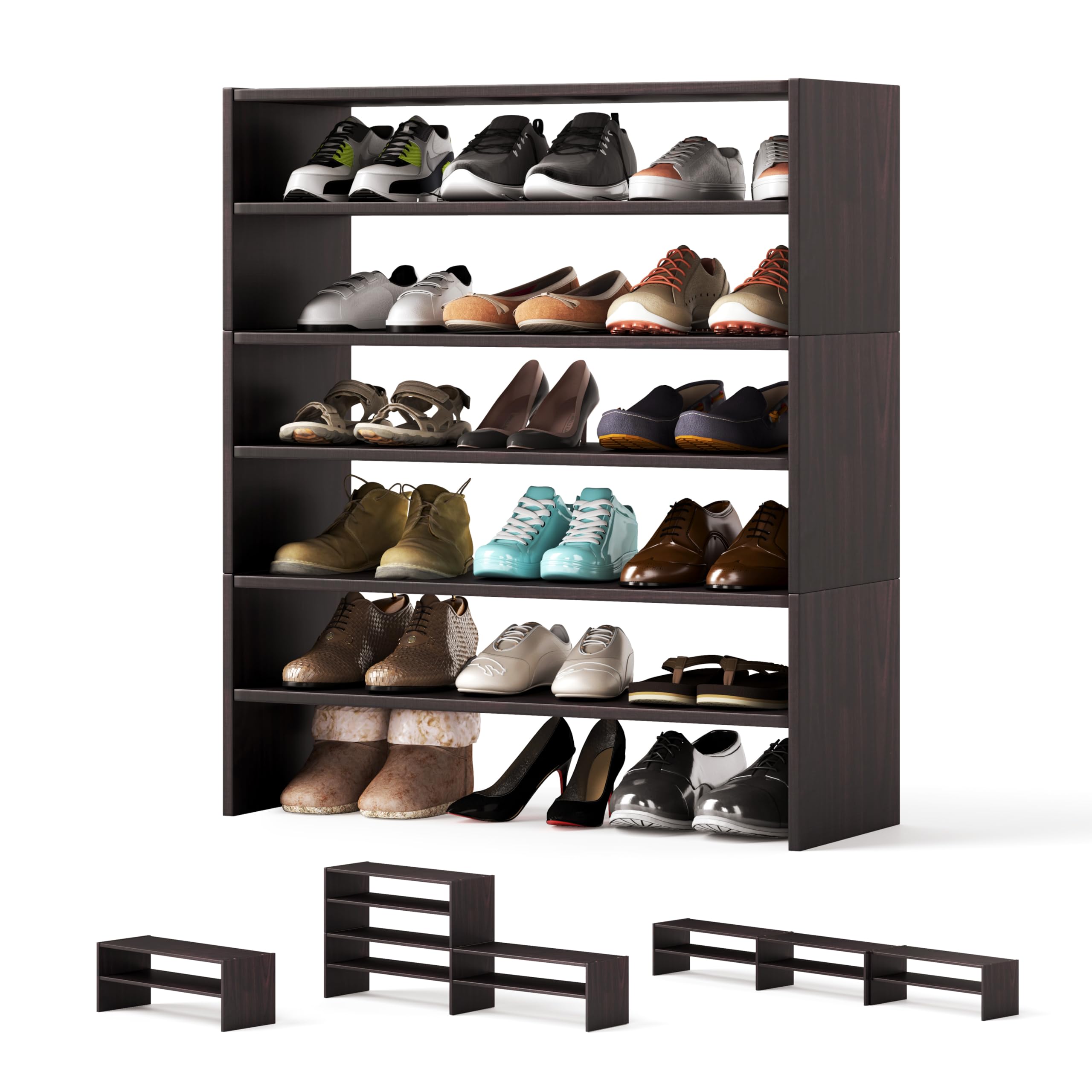 Tangkula 6-Tier Stackble Shoe Rack for Closet, Space Saving Wooden Corner Shoe Storage Shelf for 18 Pairs, 3-in-1 Adjustable White Shoe Organizer for Front Door Entryway