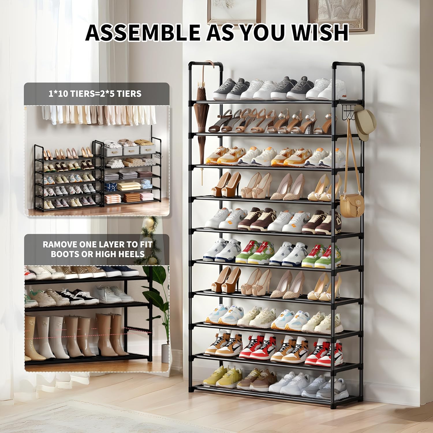 Shoe Rack, 10 Tier Shoe Storage Organizer with Hooks,Fit 40-45 Pairs Shoes,Metal Tall Shoe Shelf for Closet,Entryway, Hallway,Garage,Bedroom,Cloakroom