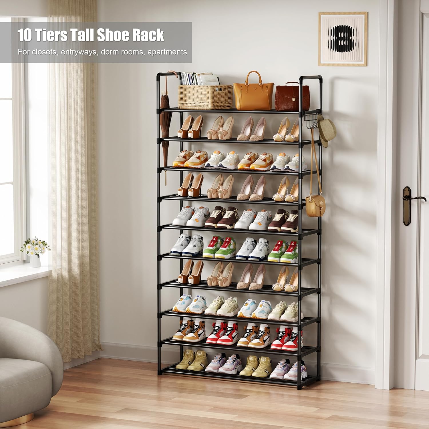 Shoe Rack, 10 Tier Shoe Storage Organizer with Hooks,Fit 40-45 Pairs Shoes,Metal Tall Shoe Shelf for Closet,Entryway, Hallway,Garage,Bedroom,Cloakroom