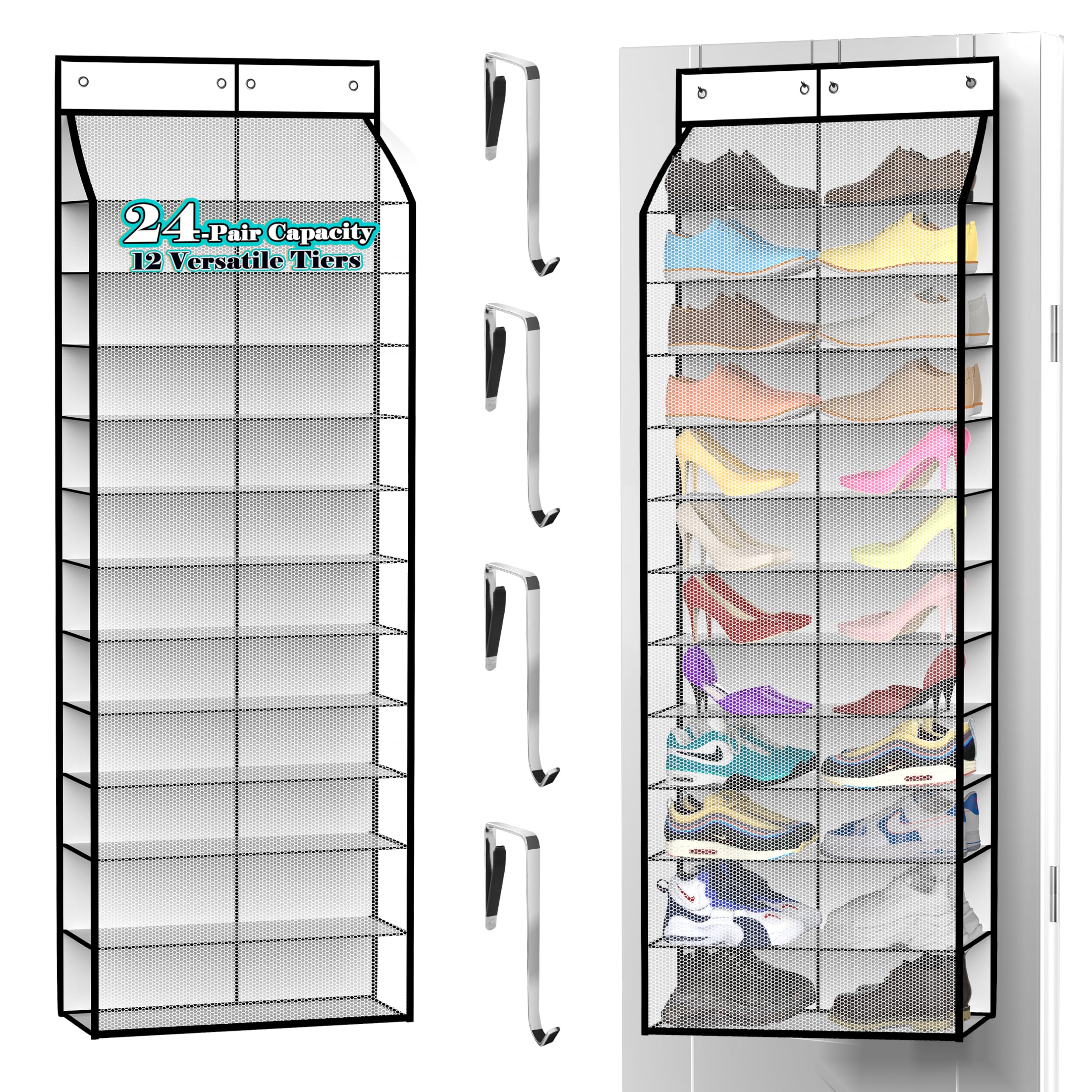 Kotkn 24-Pair Over Door Shoe Organizer for Family & Kids, Double Sided | Hanging Storage for Sneakers, Boots, Toys & Room Organization-Graphite Gray