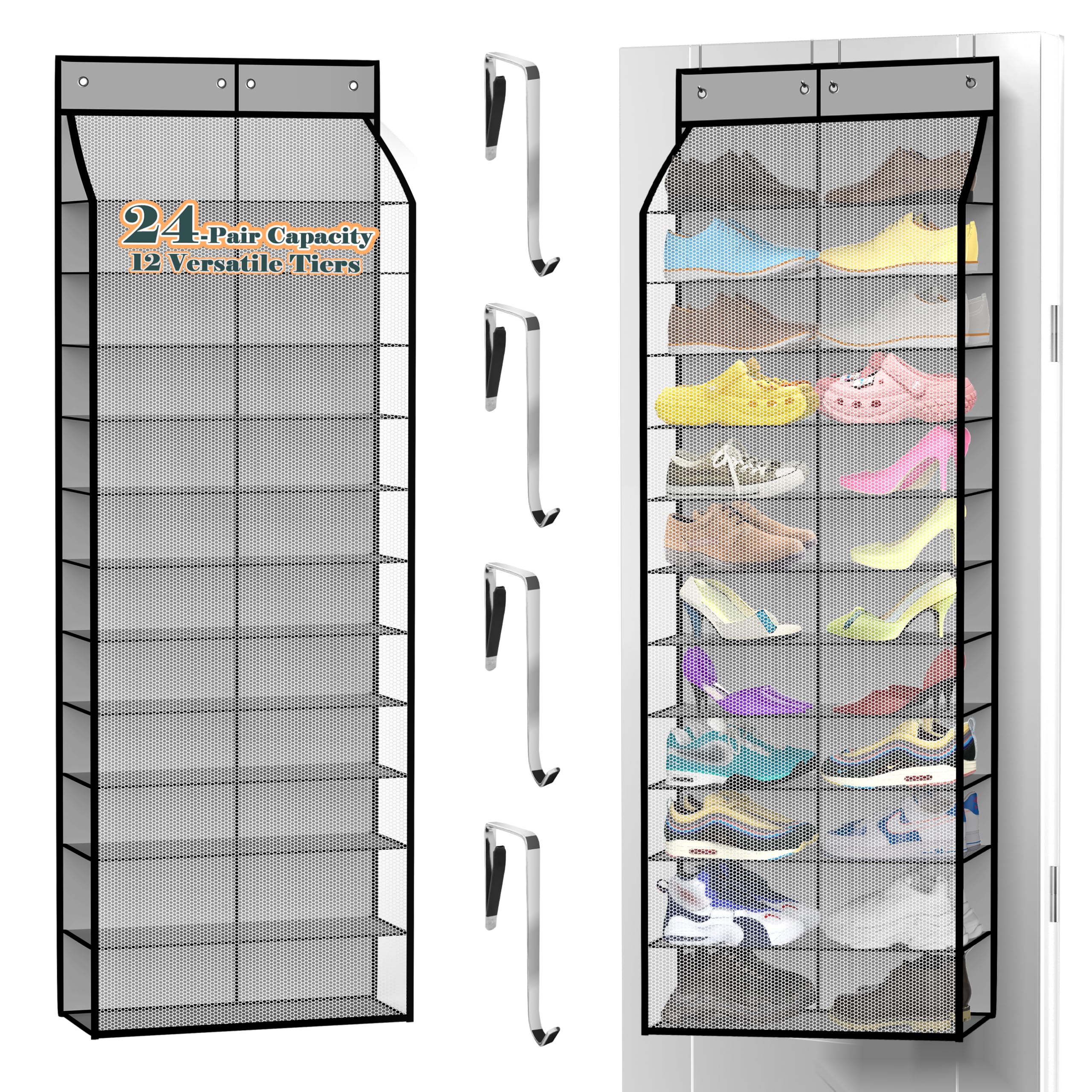 Kotkn 24-Pair Over Door Shoe Organizer for Family & Kids, Double Sided | Hanging Storage for Sneakers, Boots, Toys & Room Organization-Graphite Gray